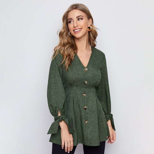 

V Neck Button Front Knot Cuff Top, Army green