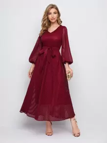 Mulvari Lantern Sleeve Belted Mesh Dress - Burgundy - View 1