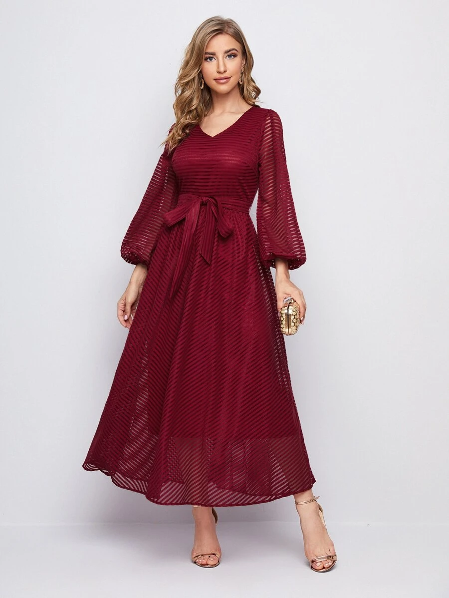 Mulvari Lantern Sleeve Belted Mesh Dress - Burgundy - View 1