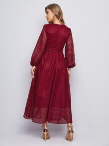 Mulvari Lantern Sleeve Belted Mesh Dress - Burgundy - View 2