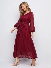 Mulvari Lantern Sleeve Belted Mesh Dress - Burgundy - View 3