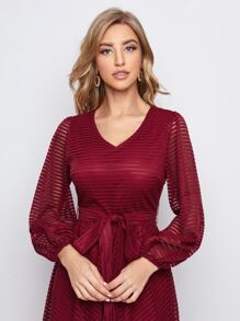 Mulvari Lantern Sleeve Belted Mesh Dress - Burgundy - View 4