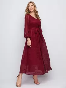 Mulvari Lantern Sleeve Belted Mesh Dress - Burgundy - View 5