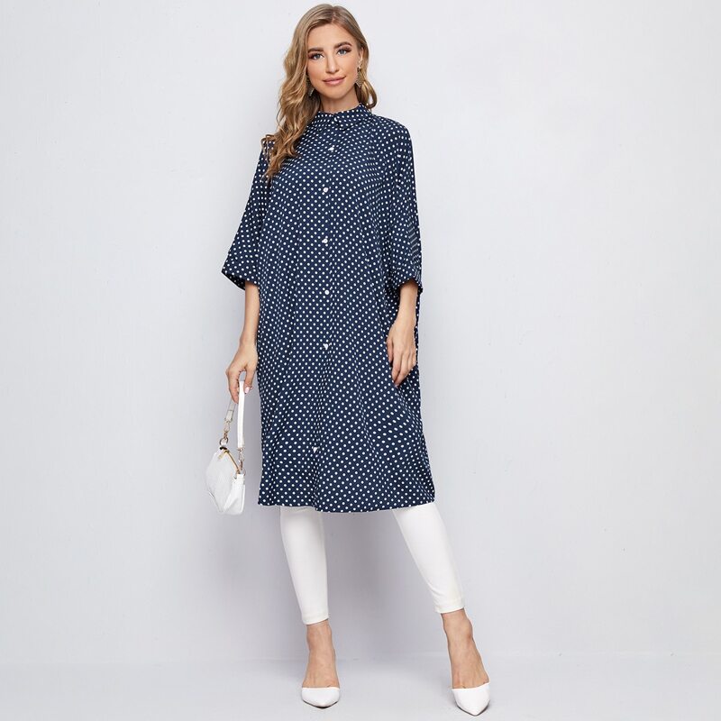

Polka Dot Dolman Sleeve Longline Blouse, Navy blue