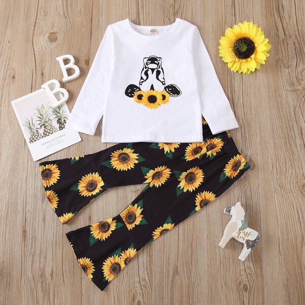 

Toddler Girls Cow Print Tee With Sunflower Flare Pants, Multicolor
