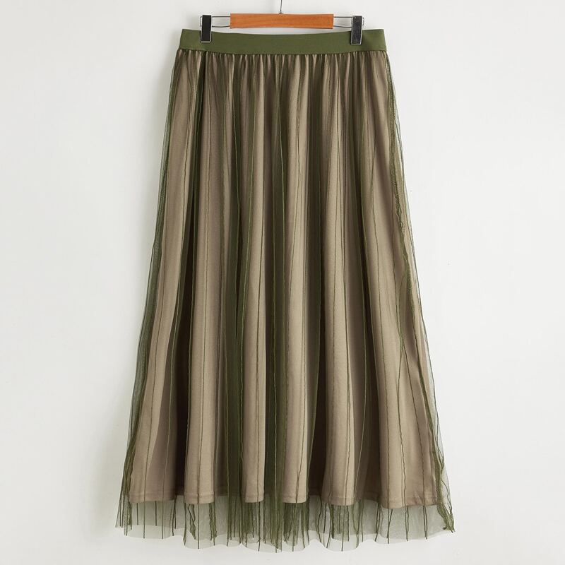 

Elastic Waist Striped Mesh Overlay Skirt, Green
