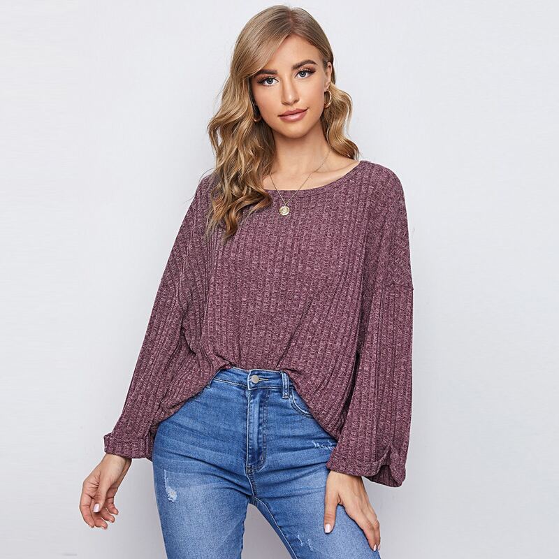 

Flounce Sleeve Rib-knit Tee, Mauve purple