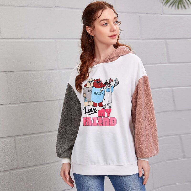 

Slogan & Cartoon Graphic Colorblock Hoodie, Multicolor
