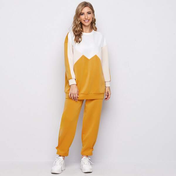 

Color Block Drop Shoulder Pullover & Pants Set, Mustard yellow