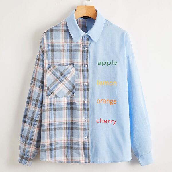

Letter Graphic Colorblock Plaid Blouse, Multicolor
