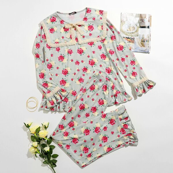 

Tie Neck Ruffle Trim Allover Floral Top & Pants PJ Set, Multicolor