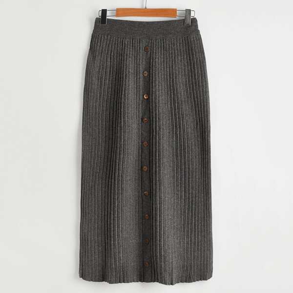 

Button Front Knit Skirt, Dark grey