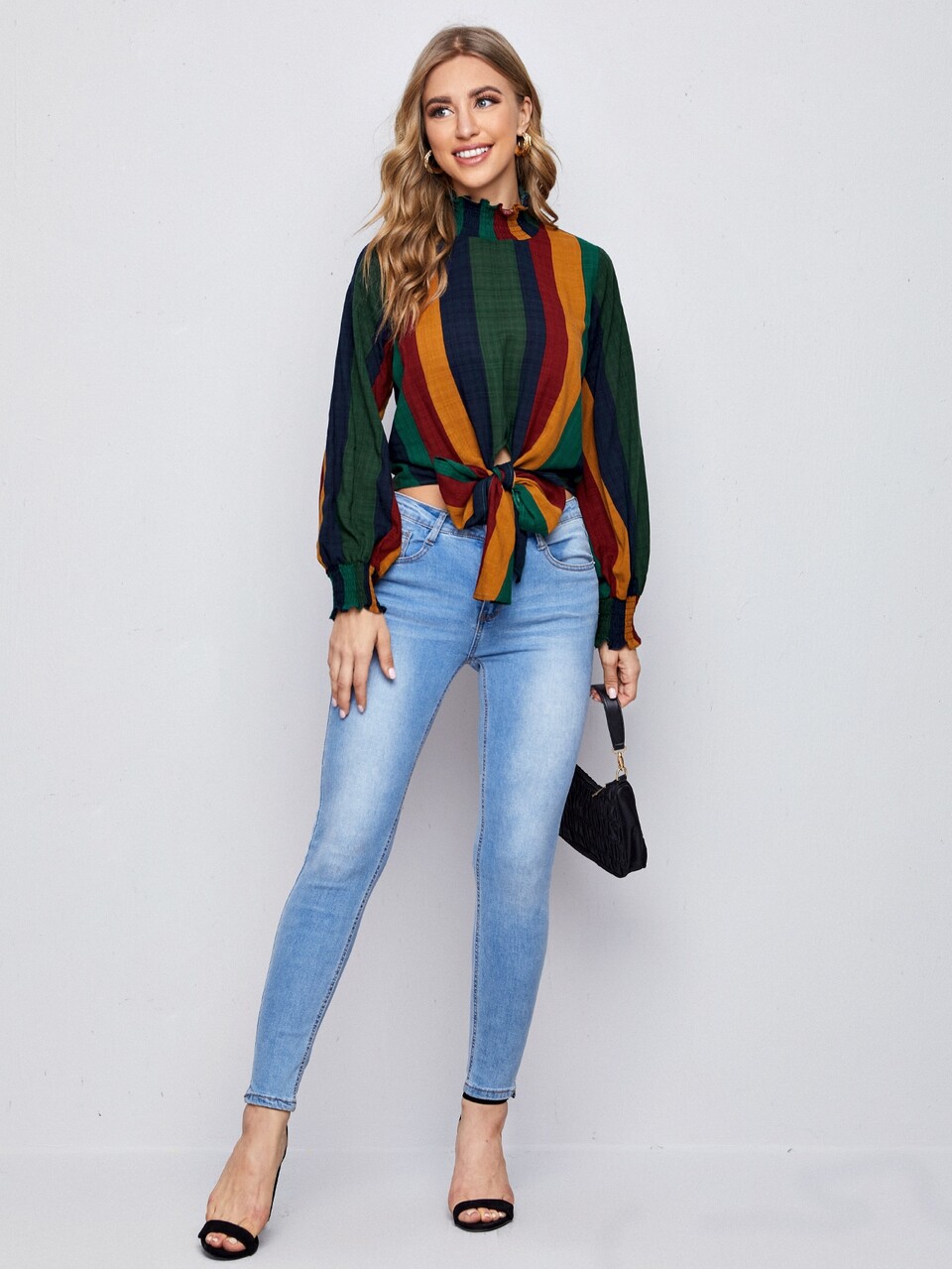 Lettuce Shirred Trim Knot Front Colorblock Top