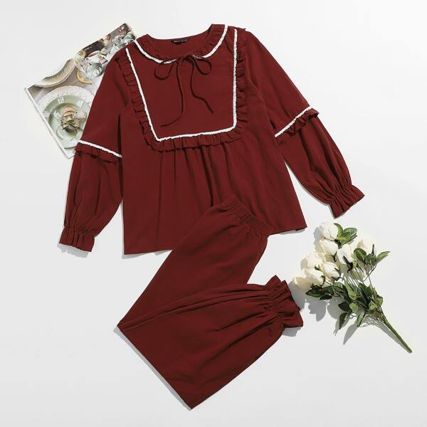 

Tie Neck Lace Trim Ruffle Trim Top & Pants PJ Set, Burgundy