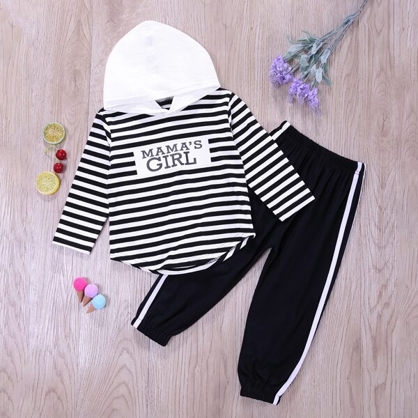 

Toddler Girls Striped Hoodie & Striped Tape Side Pants, Black and white