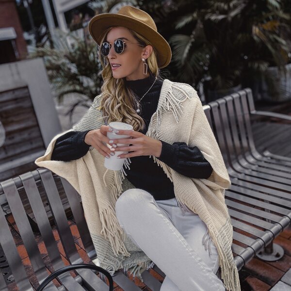 

Fringe Trim Open Front Poncho Cardigan, Apricot
