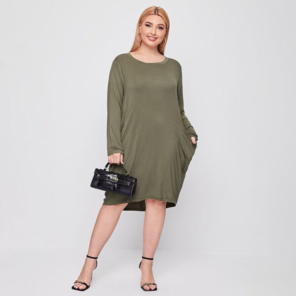

Plus Solid Pocket Detail Cocoon Dress, Army green