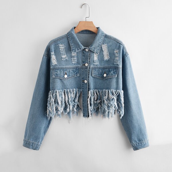 

Plus Flap Detail Fringe Hem Ripped Denim Jacket, Light wash