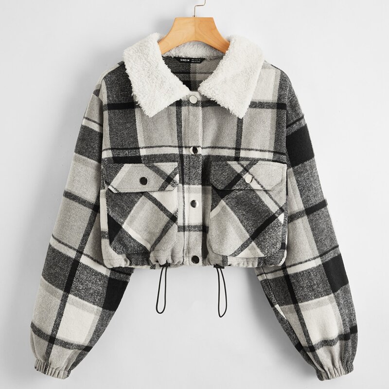 

Plaid Button Front Drawstring Waist Crop Jacket, Multicolor