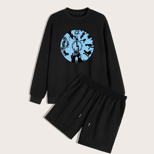 

Men Slogan & Figure Graphic Sweatshirt & Drawstring Waist Track Shorts, Black