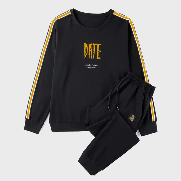 

Men Side Striped Letter Graphic Sweatshirt & Sweatpants, Black