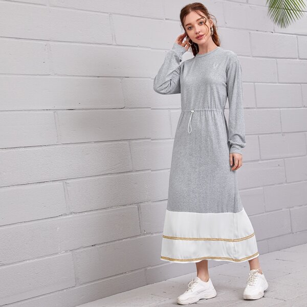 

Drawstring Waist Contrast Hem Dress, Light grey