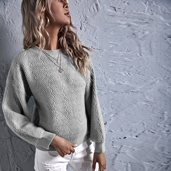 

Solid Chevron Knit Drop Shoulder Sweater, Grey