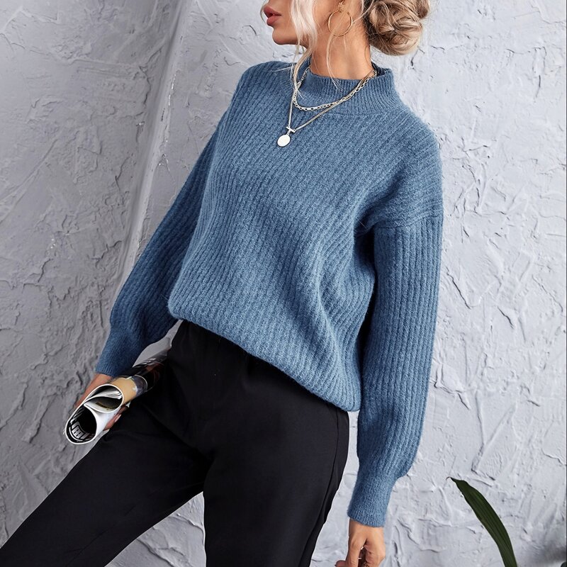 

Solid Rib-Knit Funnel Neck Drop Shoulder Sweater, Dusty blue