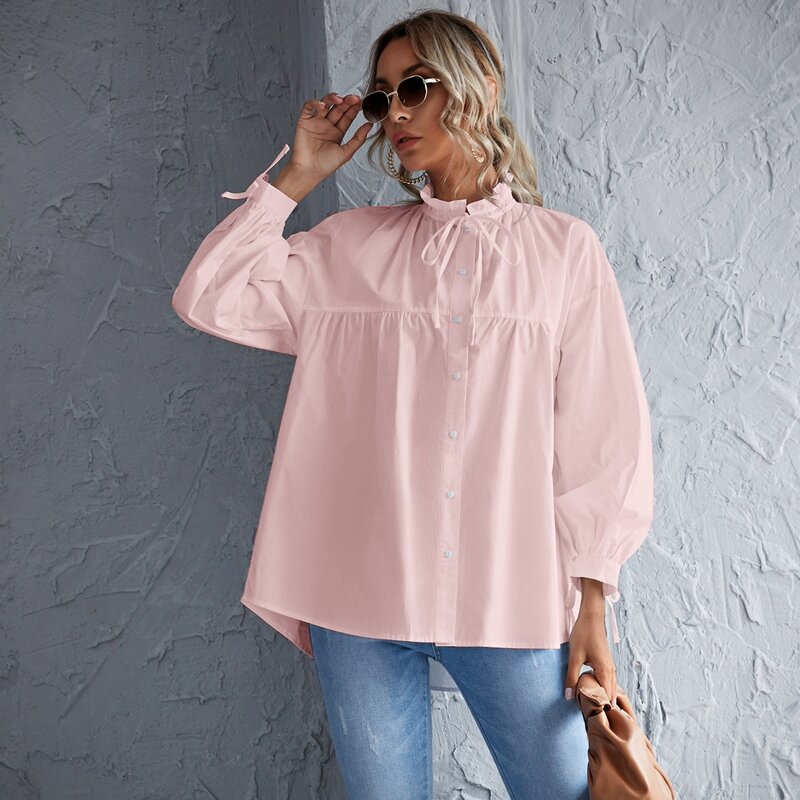 

Frill Neck Knotted Button Through Blouse, Baby pink
