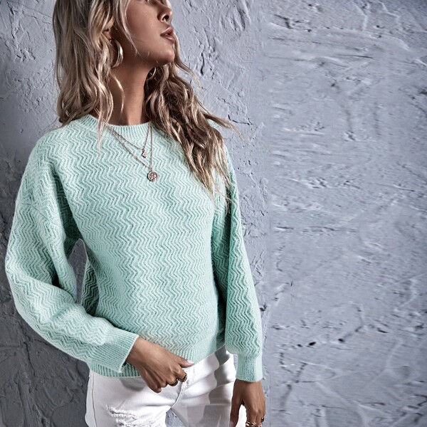 

Solid Chevron Knit Drop Shoulder Sweater, Mint blue