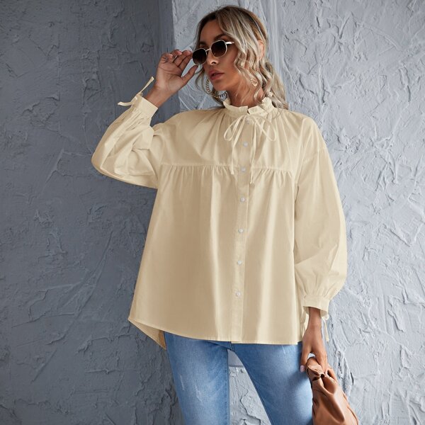 

Frill Neck Knotted Button Through Blouse, Apricot