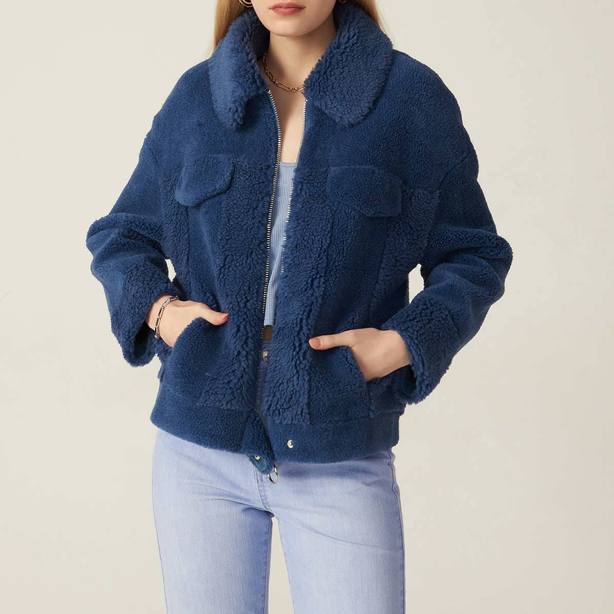 

O-RING ZIP TEDDY JACKET, Navy blue
