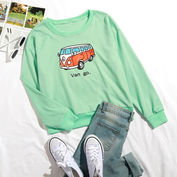 

Bus & Letter Graphic Sweatshirt, Green