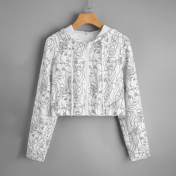 

Abstract Figure Zip Up Drawstring Hooded Jacket, White