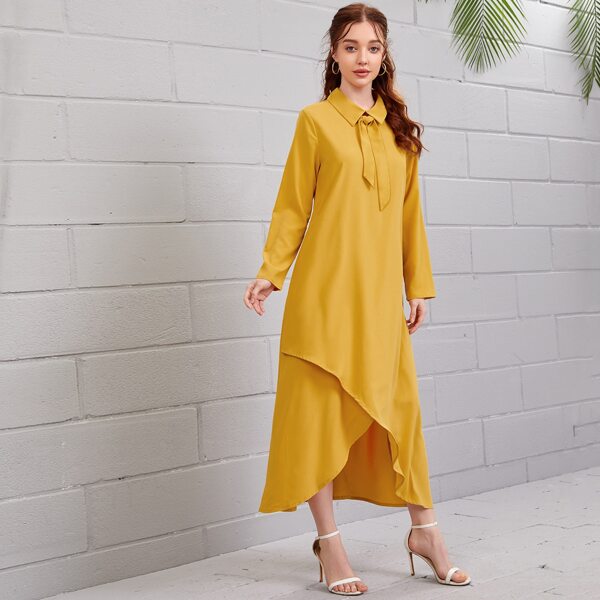 

Tie Front Tulip Hem Tunic Dress, Mustard yellow