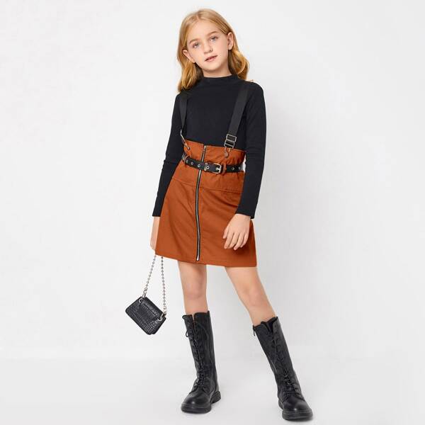 

Girls Zip Front Suspender Dress With PU Leather Belt, Burnt orange