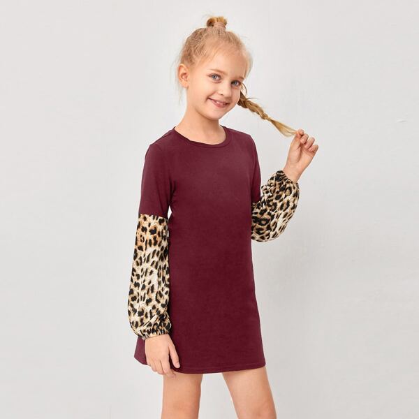 

Girls Leopard Lantern Sleeve Dress, Burgundy