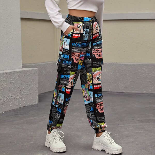 

Pop Art Print Buckle Flap Pocket Cargo Pants, Multicolor