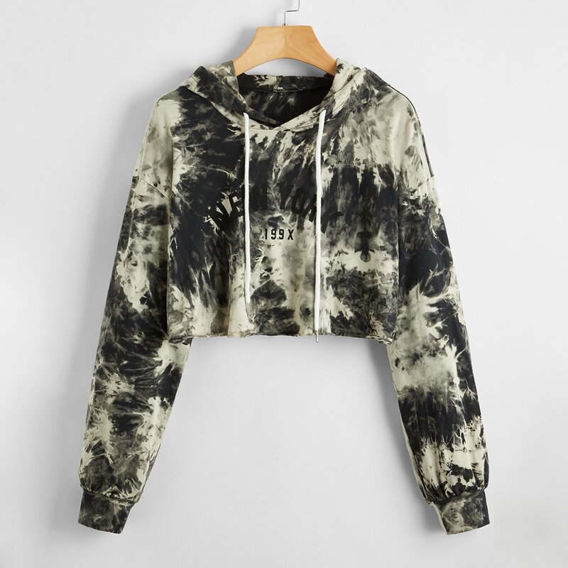 

Tie Dye & Letter Graphic Crop Hoodie, Grey