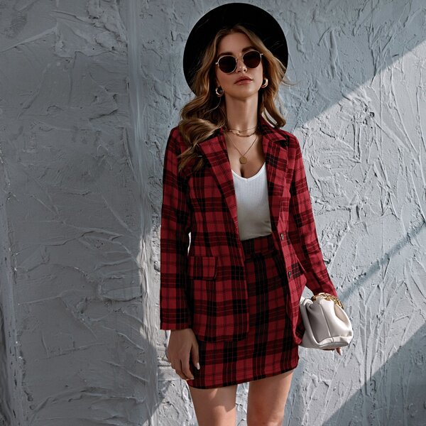 

Lapel Collar Plaid Belted Blazer & Skirt, Red