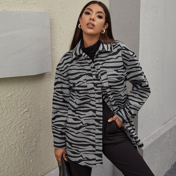 

Button Front Patch Pocket Tiger Pattern Coat, Multicolor