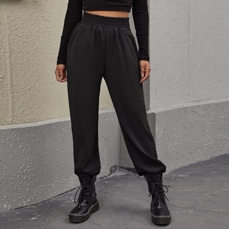 

Elastic Wide Waistband Slant Pocket Pants, Black