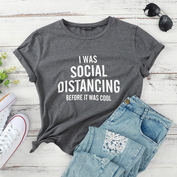 

Slogan Graphic Crew Neck Tee, Grey