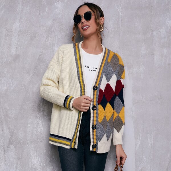 

Drop Shoulder Argyle Panel Striped Trim Cardigan, Multicolor