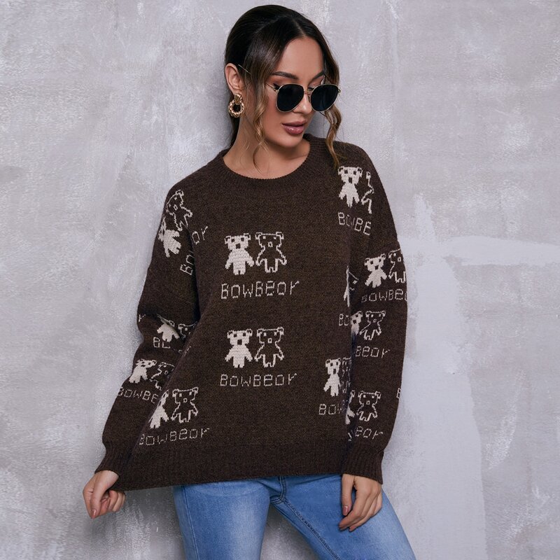 

Drop Shoulder Cartoon and Letter Sweater, Chocolate brown