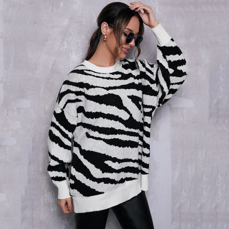 

Drop Shoulder Zebra Striped Sweater, Black and white