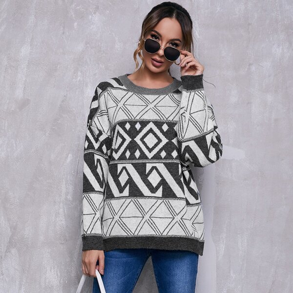 

Drop Shoulder Geo Oversized Sweater, Multicolor