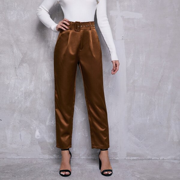 

Buckle Belted Straight Leg Silky Pants, Coffee brown