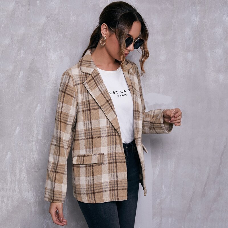 

Notch Collar Flap Detail Plaid Blazer, Multicolor