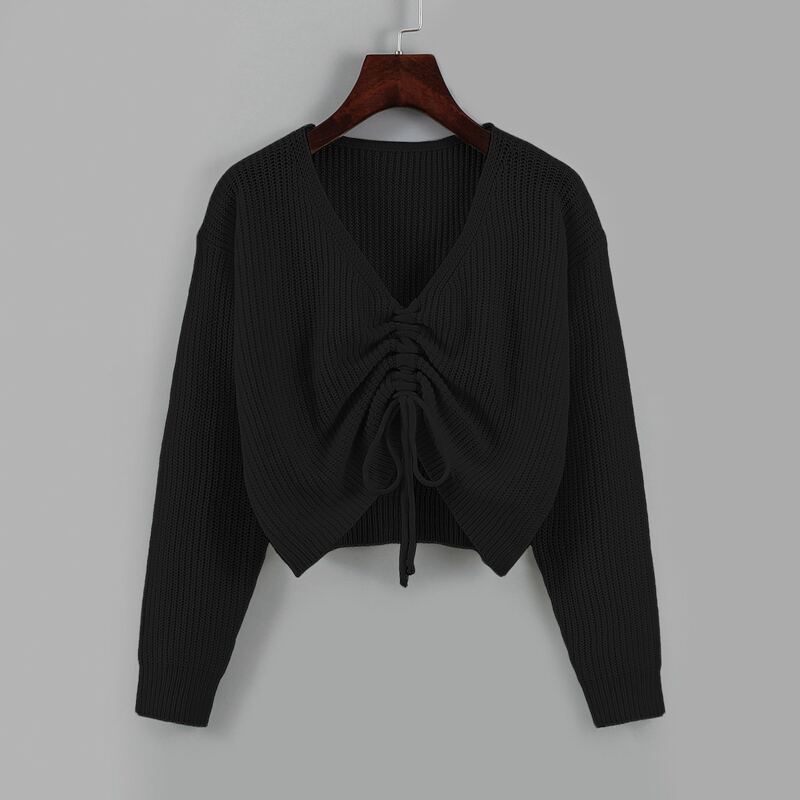 

Drawstring Front Drop Shoulder Sweater, Black